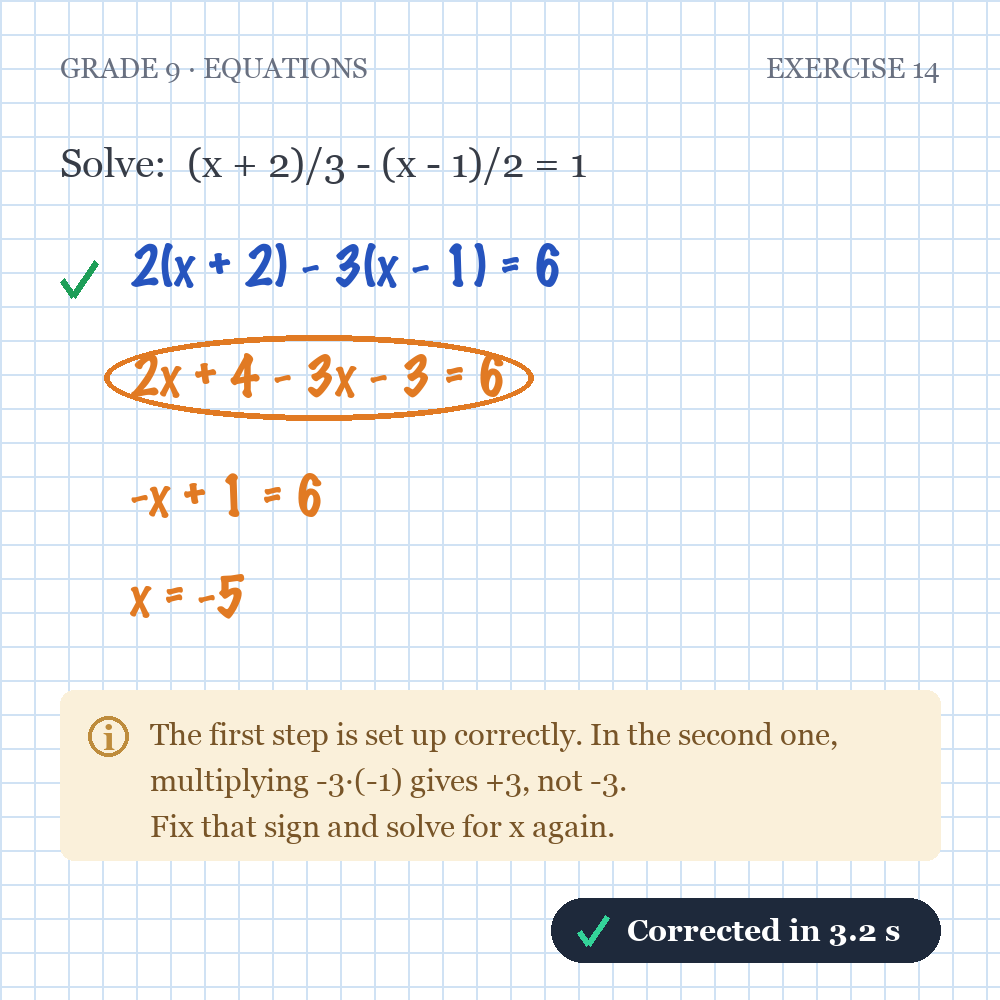 Equation exercise solved on paper, photographed and corrected step by step by the AI